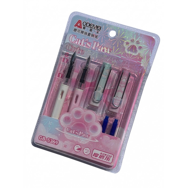 Set 2 stilouri cu cerneala care se sterge, penita normala si ascunsa, 2 rezerve si umezitor Cat's Paw Odemei